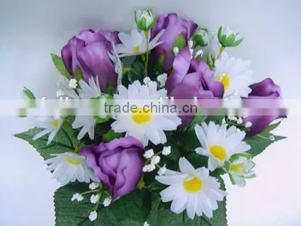 H32cm Satin Rose Bud/Daisy Artificial Flowers Bouquet for Wedding
