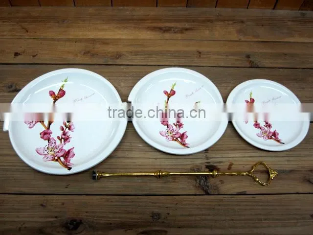 Ceramic Material Sunflower Decal Three Tiers Cake Plates with Metal Stand