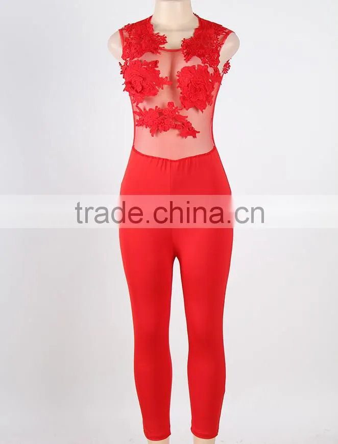 2016 Wholesale fashion 3 colors ready stocklot lace and wet look sex jumpsuit