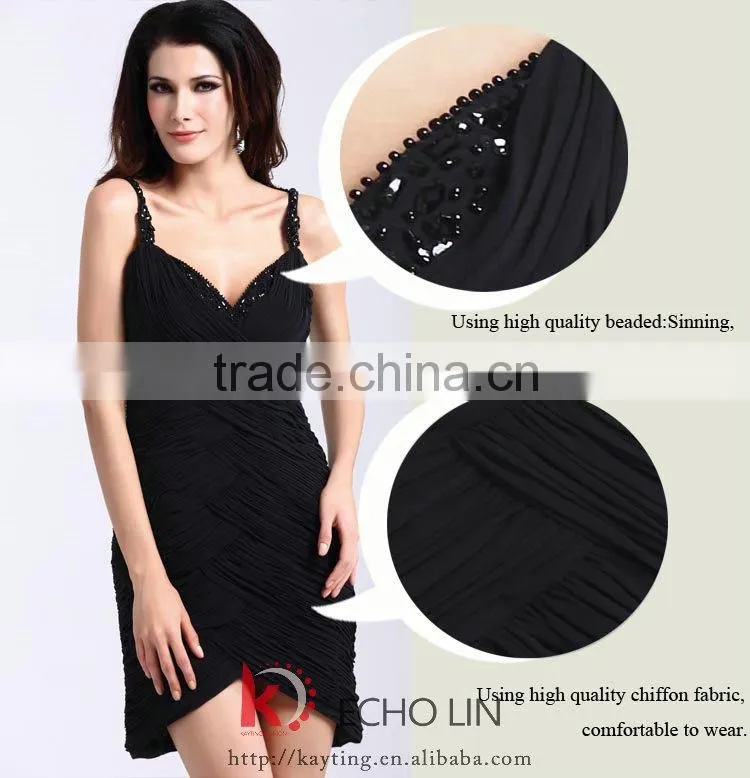 Sexy back see-through ruffle and beaded chiffon black dress