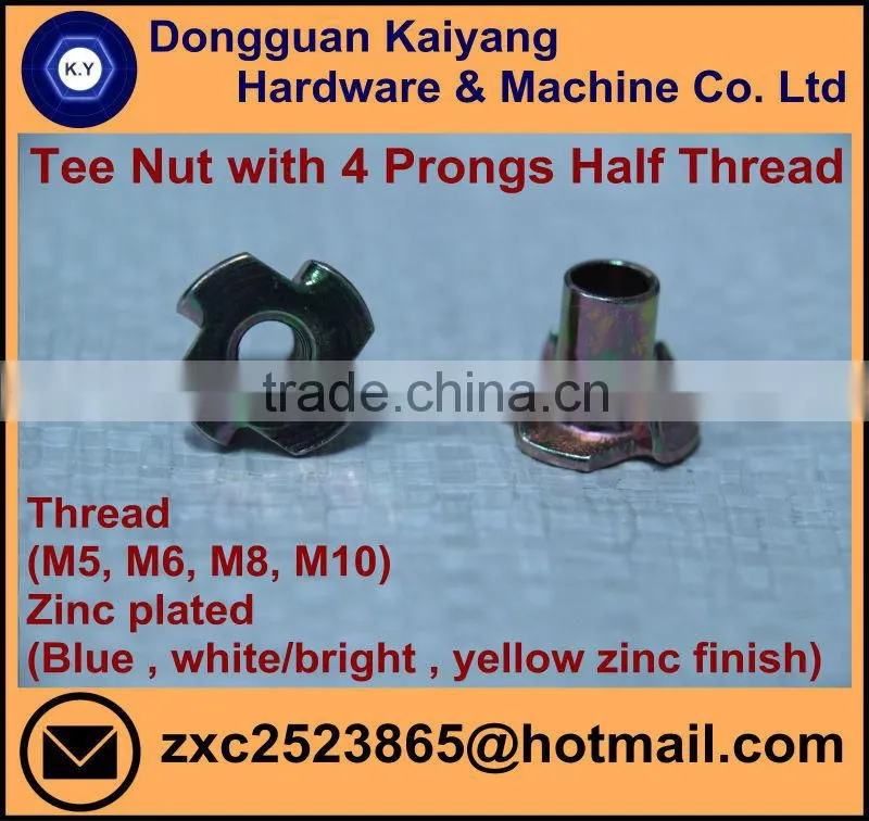 4 Prongs Tee Nut; T Nut (Half Threaded) for furniture with Bright (White) /Blue /Yellow Zinc Plated; M5, M6, M8, M10