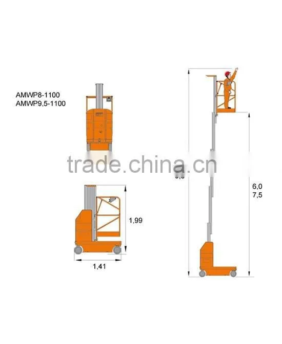 8M single mast aluminum electric manual handle one man lift