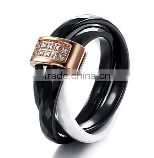 New Women's Black Ceramic Wedding Band Ring Sets with Diamond Inlay
