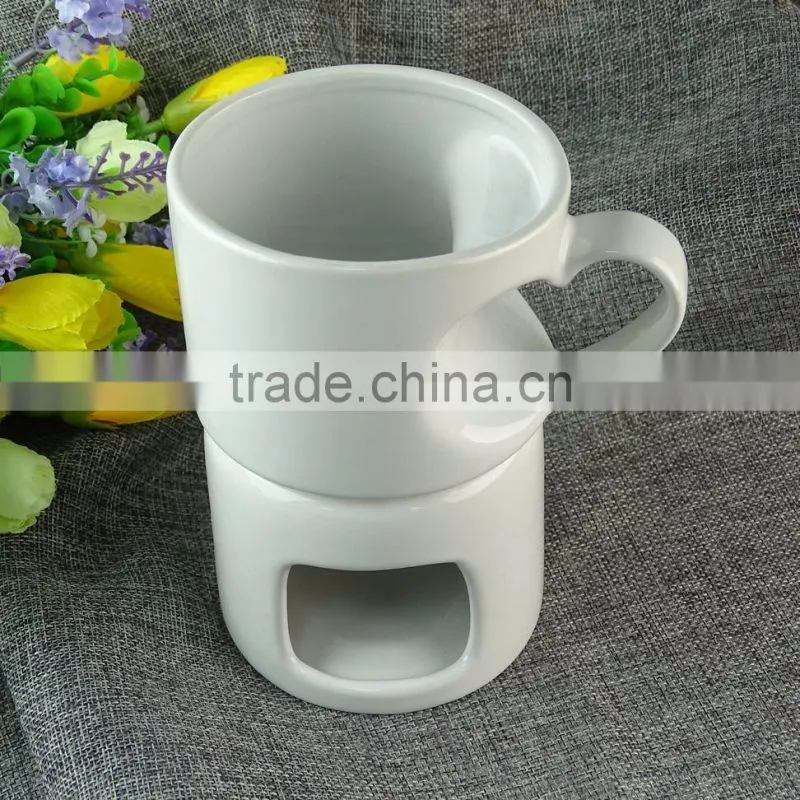 Wholesale white ceramic candle holder, cheap glazed ceramic mug with holder in stock