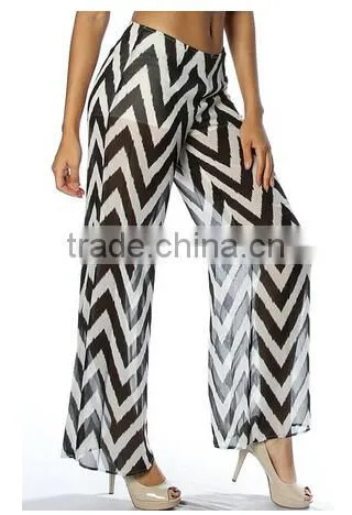 ladies pinkclubwear mid rise wide leg chevron print chiffon palazzo pants