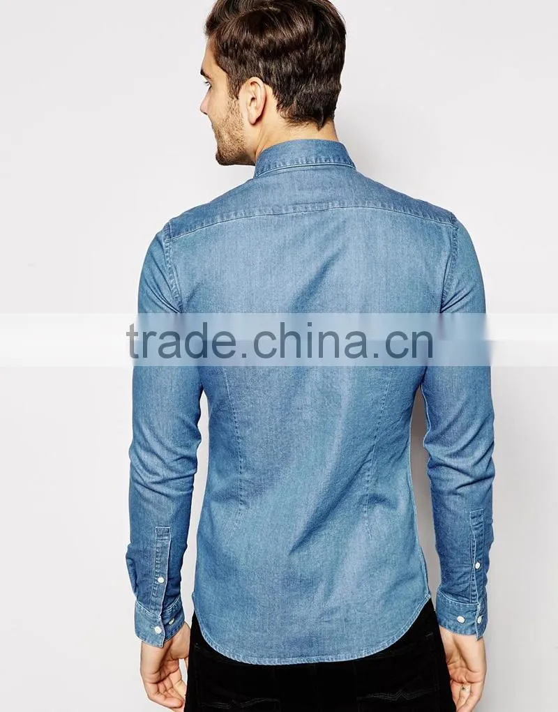 Skinny Denim Shirt with Long Sleeves In Mid Wash