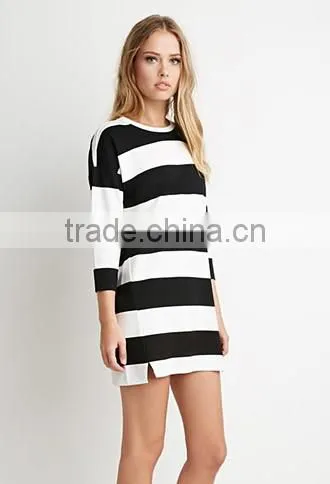 Women's classic stripes split mini 7 minutes of sleeve dress