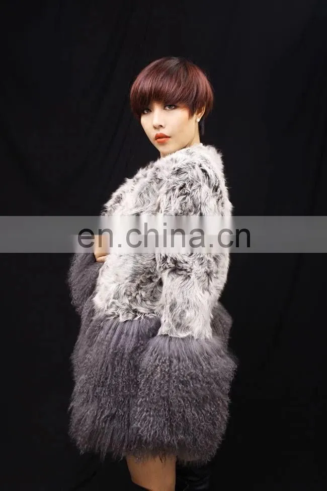 Factory price lamb fur coat with mongolian lamb fur trimming for ladies
