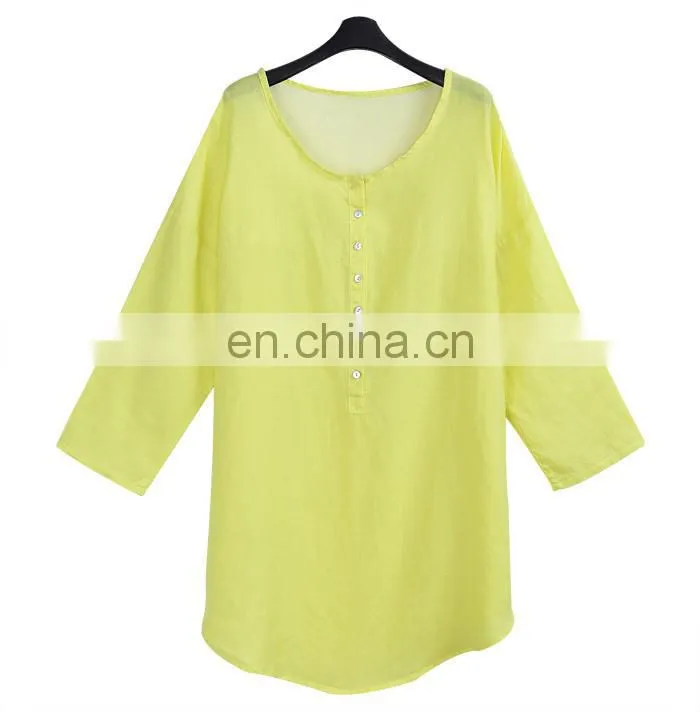 women newest comfortable round neck linen blouse