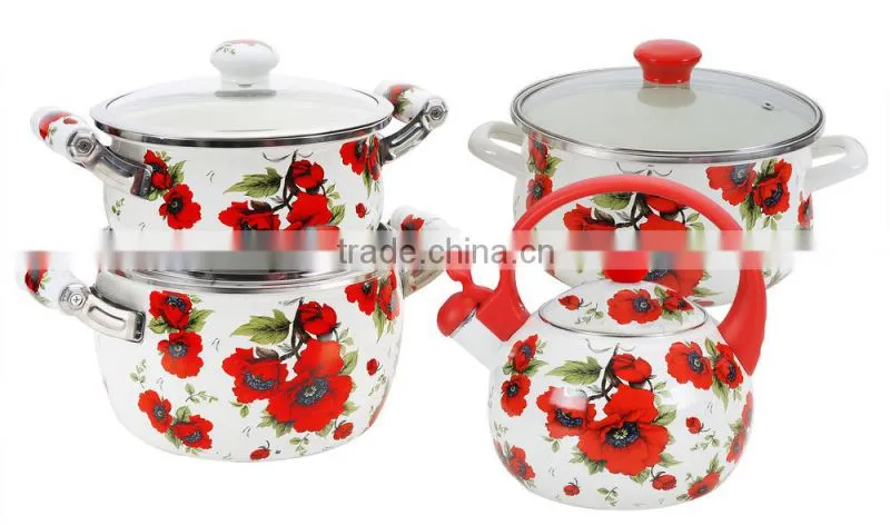 Hot selling enamel cookware sets & tea pot with full decals