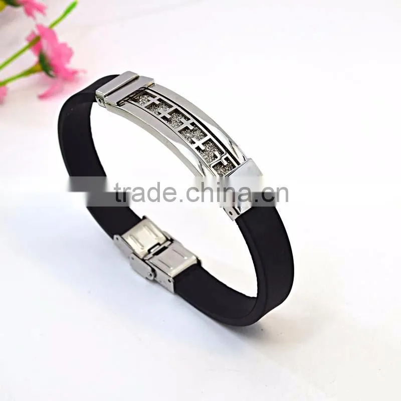 Daily wear wholesale fashion jewelry stainless steel engrave cross silicon bracelet