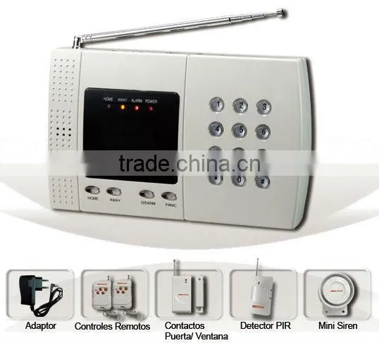 Wired and wireless PSTN telephone line home intrusion alarm kits with PIR motion detector and door contacts
