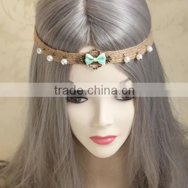 Little Fresh Retro Handmade Faux Pearl & Bowknot Hemp Rope Elastic Hair Band Fashion Headband