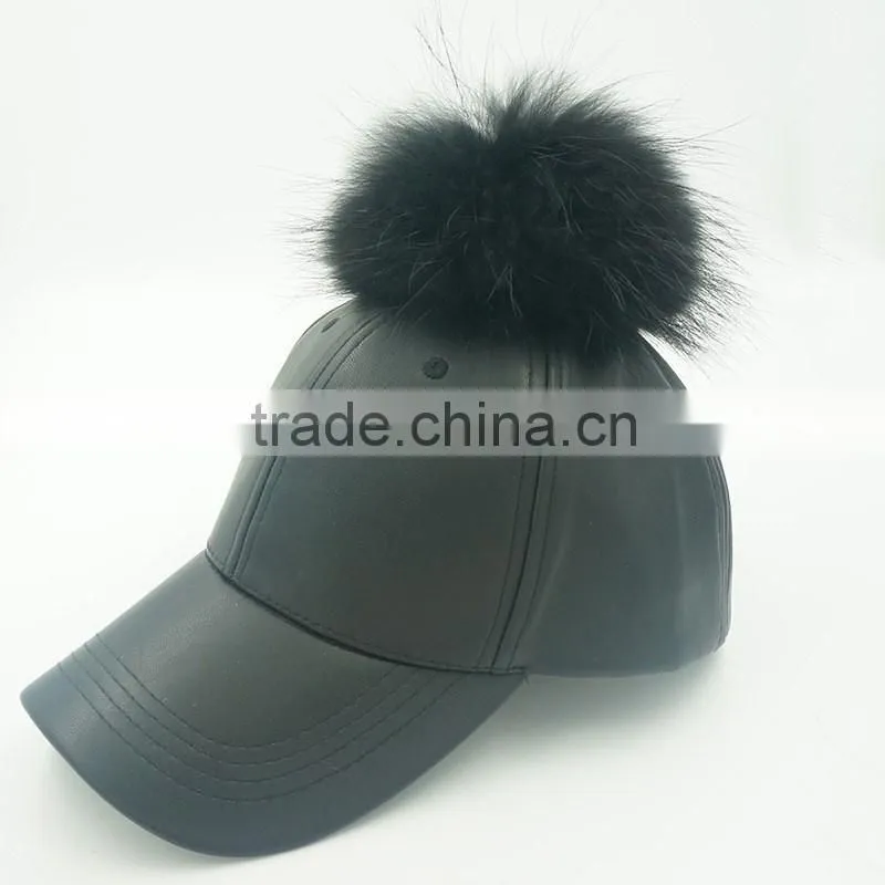 Big genuine raccoon fur ball PU leather baseball caps New 5 panel outdoor waterpoof sport hats