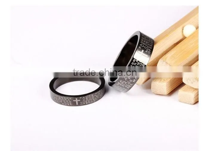 fashion design 2016 black plated cross stainless steel ring engraving