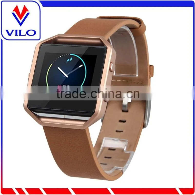 2016 new arrival genuine leather wristband strap for fitbit blaze with metal frame housing