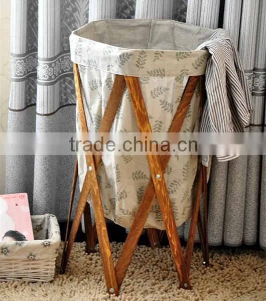 High quality round home foldable laundry storage basket with wood