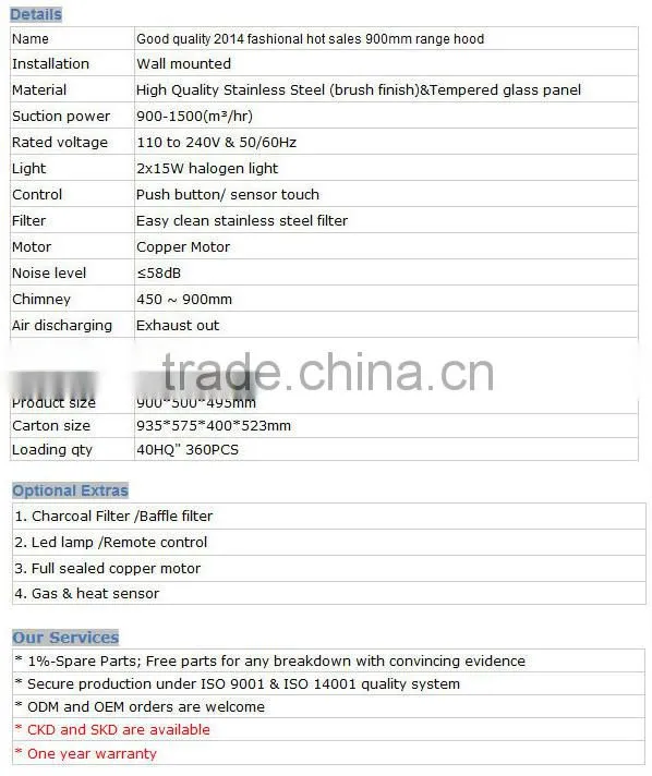 Hot Sales CE GS SAA CB Approved 90cm Italian Chinese Kitchen Exhaust Range Hood