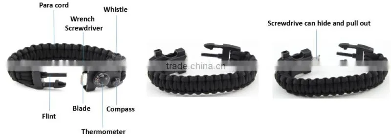 2016 hot wholesale survival tactical whistle compass fire starter 550 paracord bracelet with flint