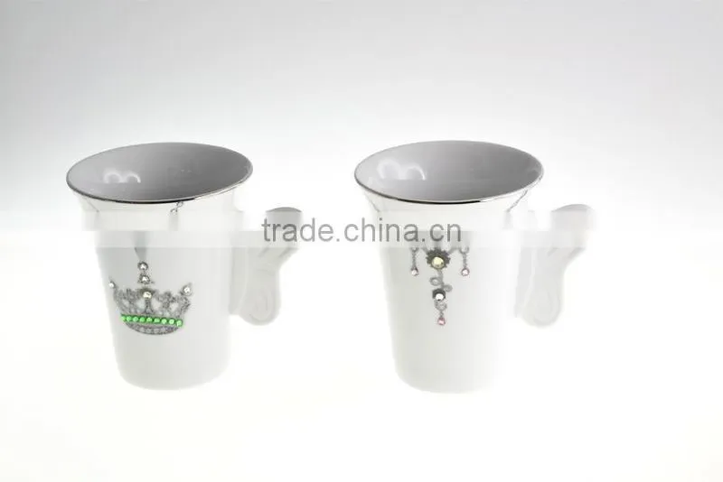 High Quality Porcelain Butterfly Medium Size Tea Mug Set With Gold Color Handle with Crystals