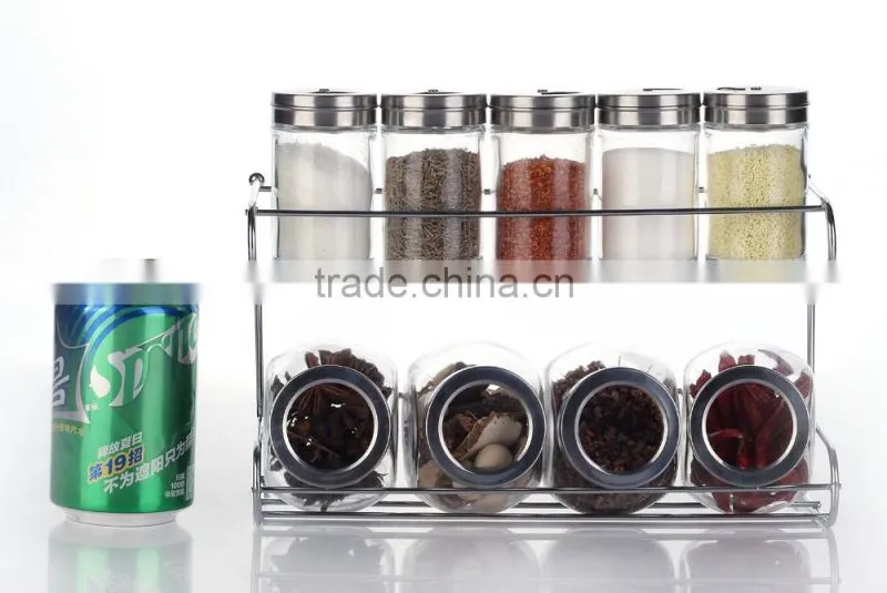 Set 10 Clear Glass Spice Jars with Metal Stand