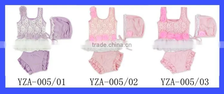YZA-005 Yiwu Yihong Solid Color Pink Sleeveless Sewn Flowers Lace Ruffle Short Smocking Pant Baby Hat Baby Girls Swimsuit