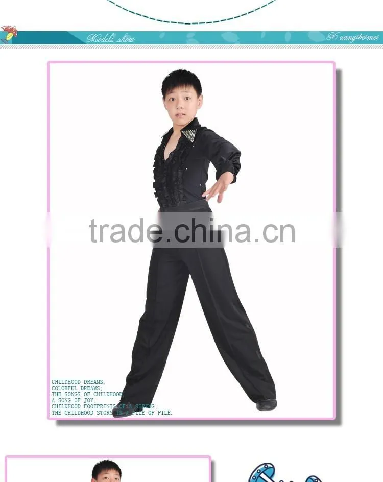 Boys Rhinstone Collar Stage Competition Clothes Kids Long Sleeve Latin Cha-Cha Dance Shirts Leotard
