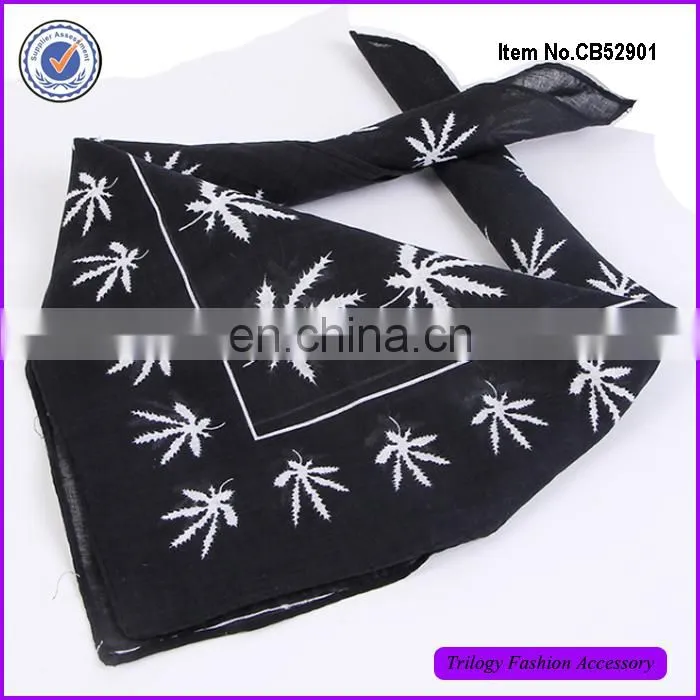 Black Color Square Cotton Unique Leaf Printed Bandanas For Sale