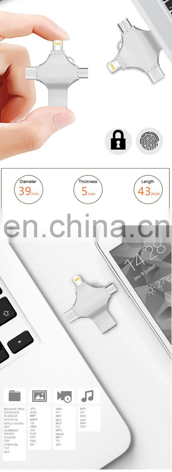 USB 2.0 Flash Drive Metal USB Memory Stick Drive FOUR Functions in One U Flash Disk for iPhone/iPad/android/PC