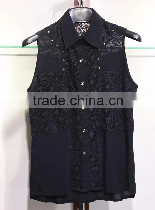 Black sleeveless viscosa blouse with lace for women