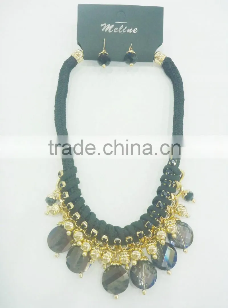 FACHION BRAIDED CORD RHINE STONE NECKLACE EARRING SET WITH BEADS PENDANTS
