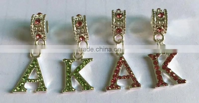 wholesale pink and green crystal letter AKA charm bead dangle for sorority jewelry 2016