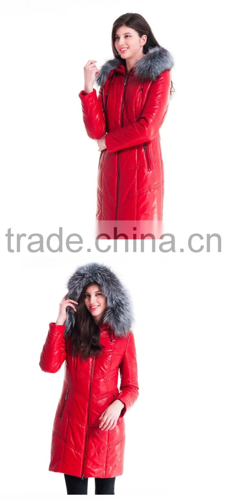 New 2016 Women Winter Leather Jacket Medium Length Slim Fit Coat With Brown Fox Fur Hat Overcoat