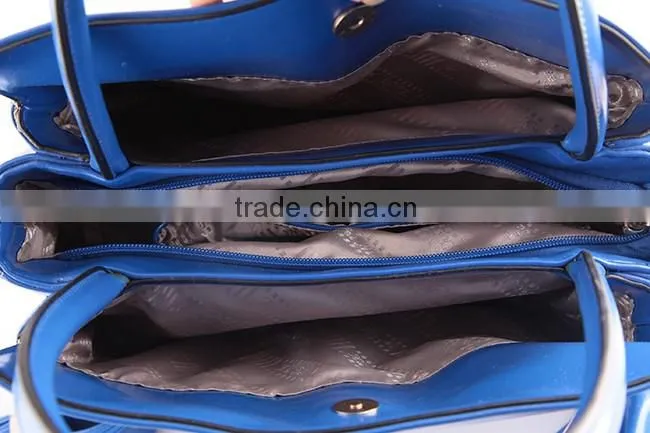 4083 Trendy Design Blue Plain Texture PU Three Compartment Combined Fashionable Ladies Latest Handbag