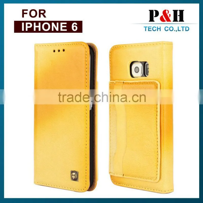 Vintage Customized Litchi Grain Genuine Real Cow Leather Flip Cover Case For iPhone 6 / 6 Plus