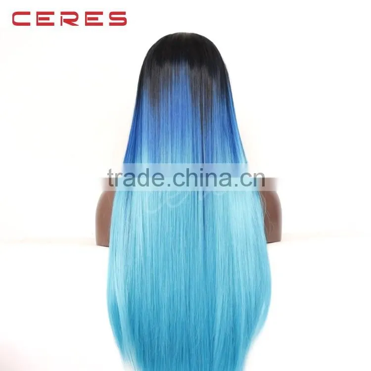 Synthetic Hair Black Root Blue Ombre Straight Lace Front Wig Hair Wigs