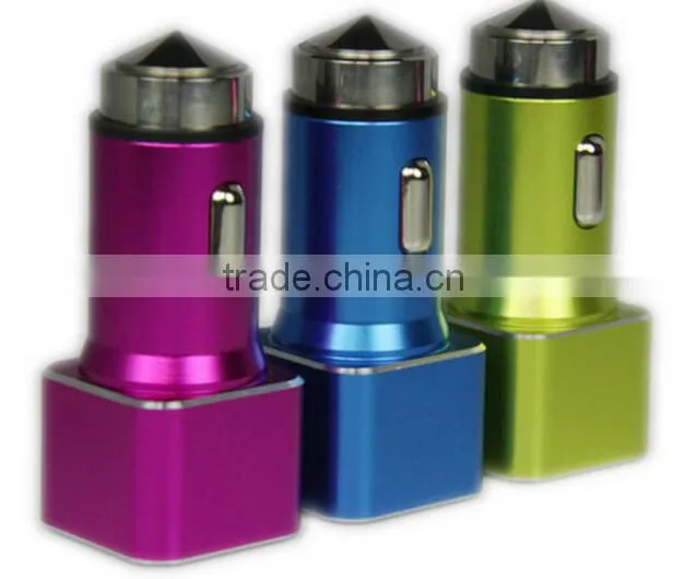 Aluminum Mini Micro Dual USB Car Charger Escape Equipment Metal Safety Hammer Shape Nipple Car Charger For Mobile Devices