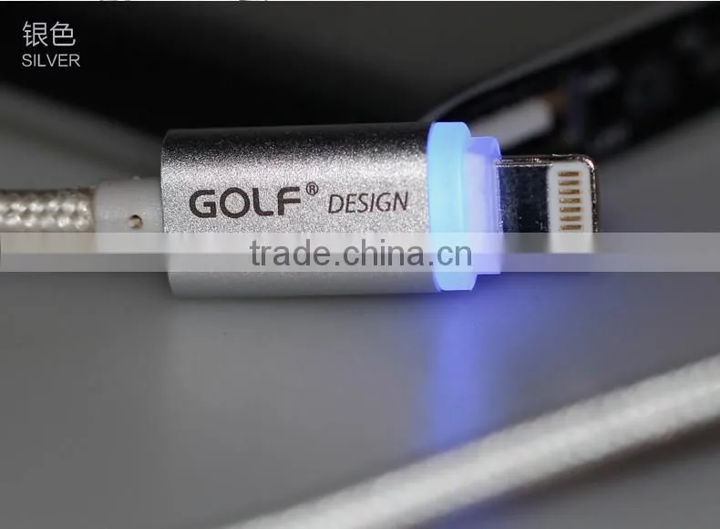 Fast charging and transmission speed LED metal cable ,Golf LED Metal Braided usb cable for Lighting smart phone