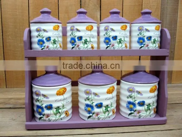 New ceramic 7pcs canisters set with purple lid and wood