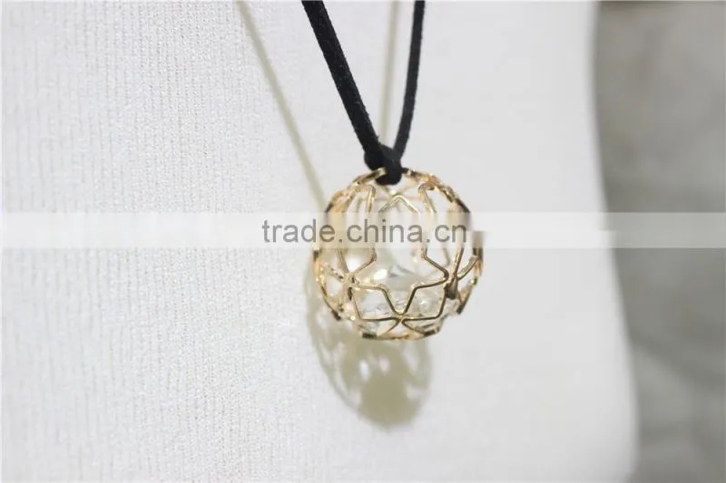 Goldtone Star Ball Cage Clear Diamond w/ Black String Pendant Necklace 2016 Fashion Style Wholesale