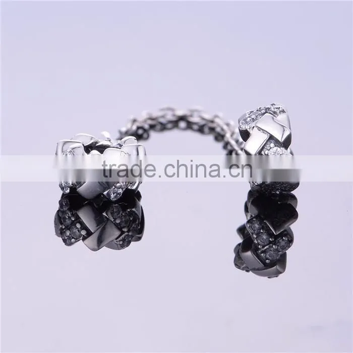Wholesale Silver Charm Elegance Safety Chain with crystal stone Large hole 925 Sterling silver safety chain DIY Pendant Charm