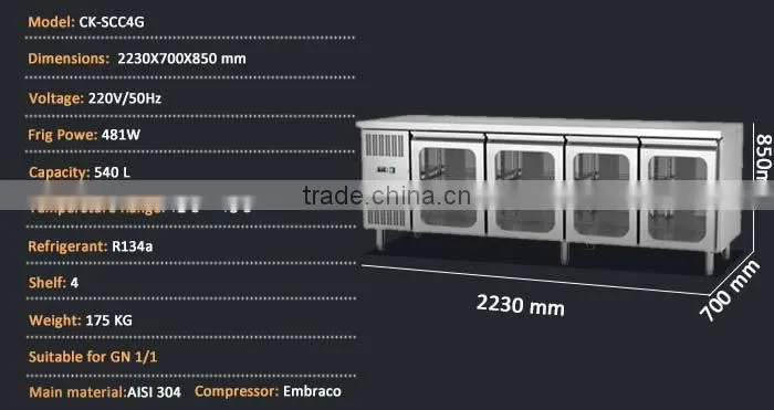 4 Glass Doors Stainless Steel Commercial Cooling Worktable(INEO are professional on commercial kitchen project)