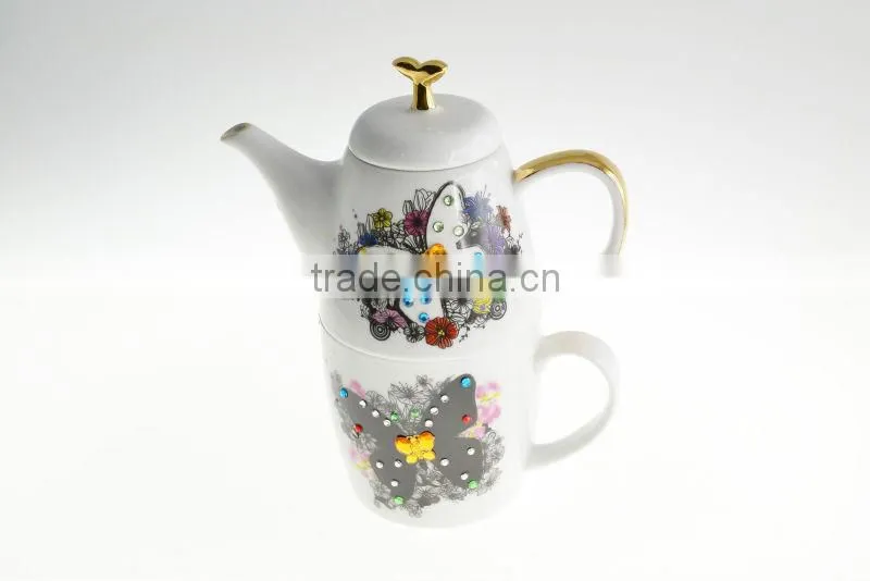 High Quality Porcelain Butterfly Medium Size Tea Mug Set With Gold Color Handle with Crystals