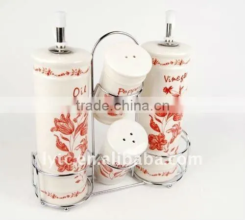 4PCS ceramic salt & oil vinegar bottle with metal stand,ceramic spice jar,ceramic seasoning pot,ceramic cruet set