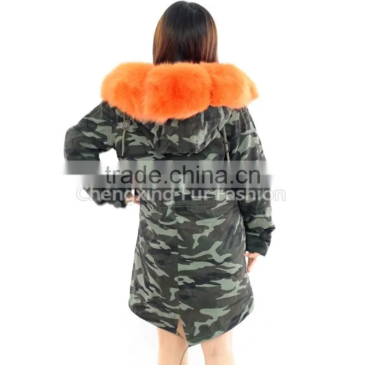 CX-G-P-03B Fashionable Women Winter Real Rex Rabbit Fur Lined 2016 New Latest Ladies Fox Fur Hooded Wholesale Parka Jacket