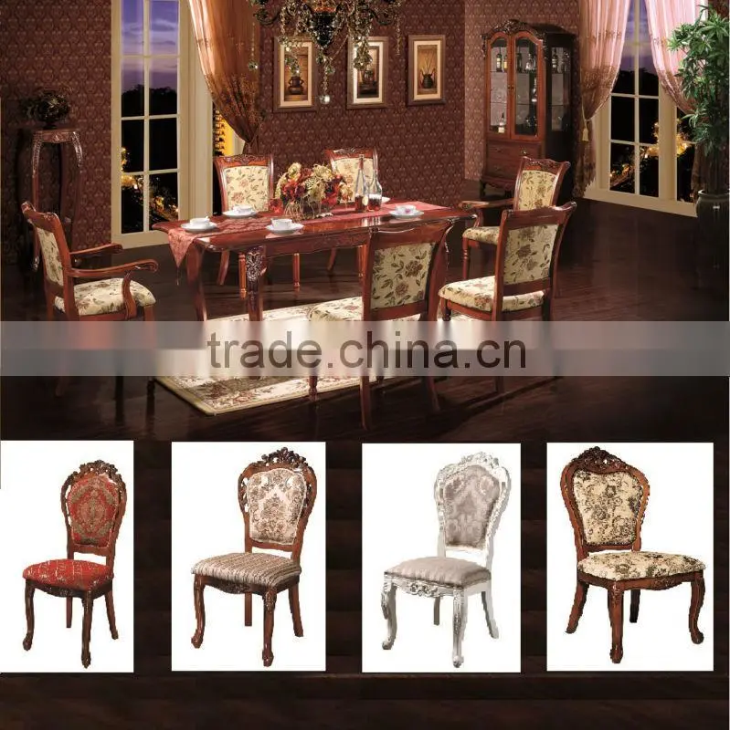 solid wood dining table with fabric chairs
