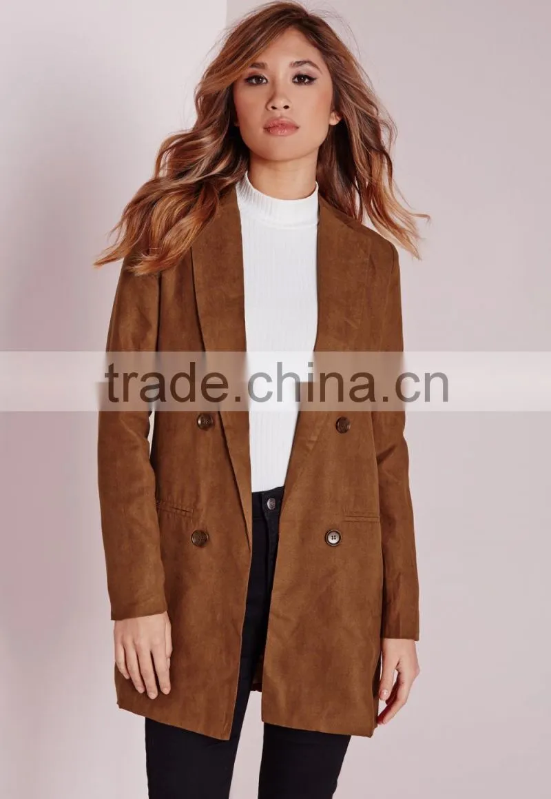 2015 Women Winter Long Faux Suede Double Breasted Blazer