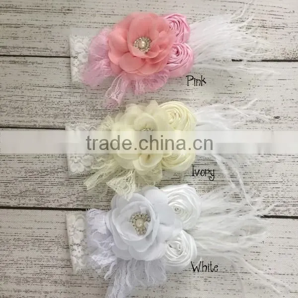 bulk high quality baby hair accessory lace flower and feather fashion headband for kids