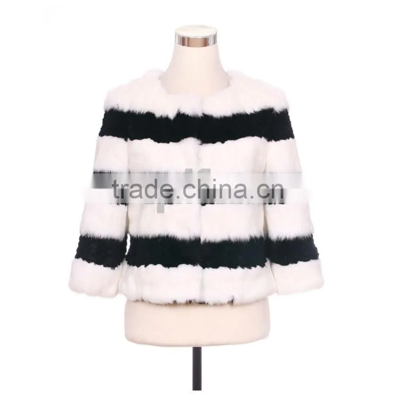 QD30538 Plus Size Intimate Winter Apparel Shearing Black White Rabbit Fur Lady Jacket
