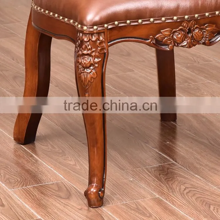 Exquisite European carving rubber wood genuine leather dining chair in brown